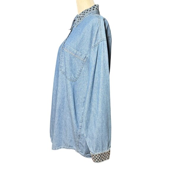 Vintage 80s Grand Ole Opry  L/XL Blue Denim Button Down Shirt Rhinestone Studs - Picture 6 of 12